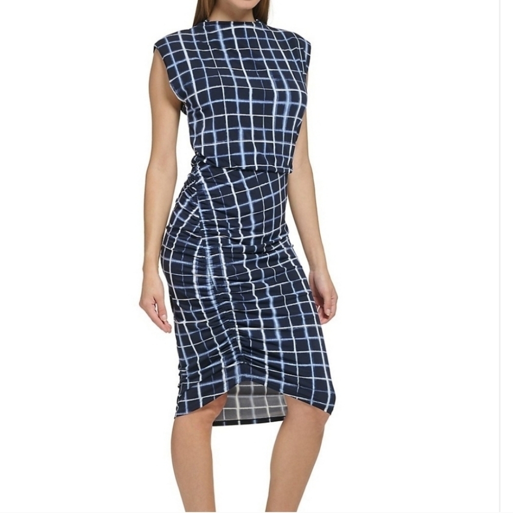 🩵 Calvin Klein Women's Blue Grid Pattern Dress S 6